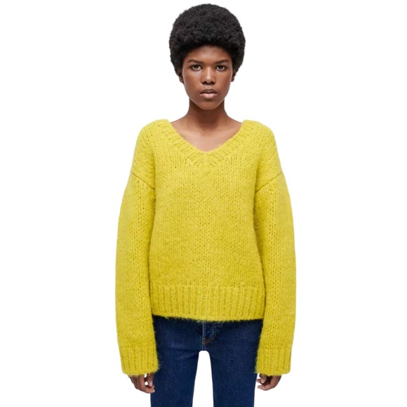 RE/DONE 50s V Neck Chunky Knit Pullover Sweater in Chartreuse - Picture 2 of 8